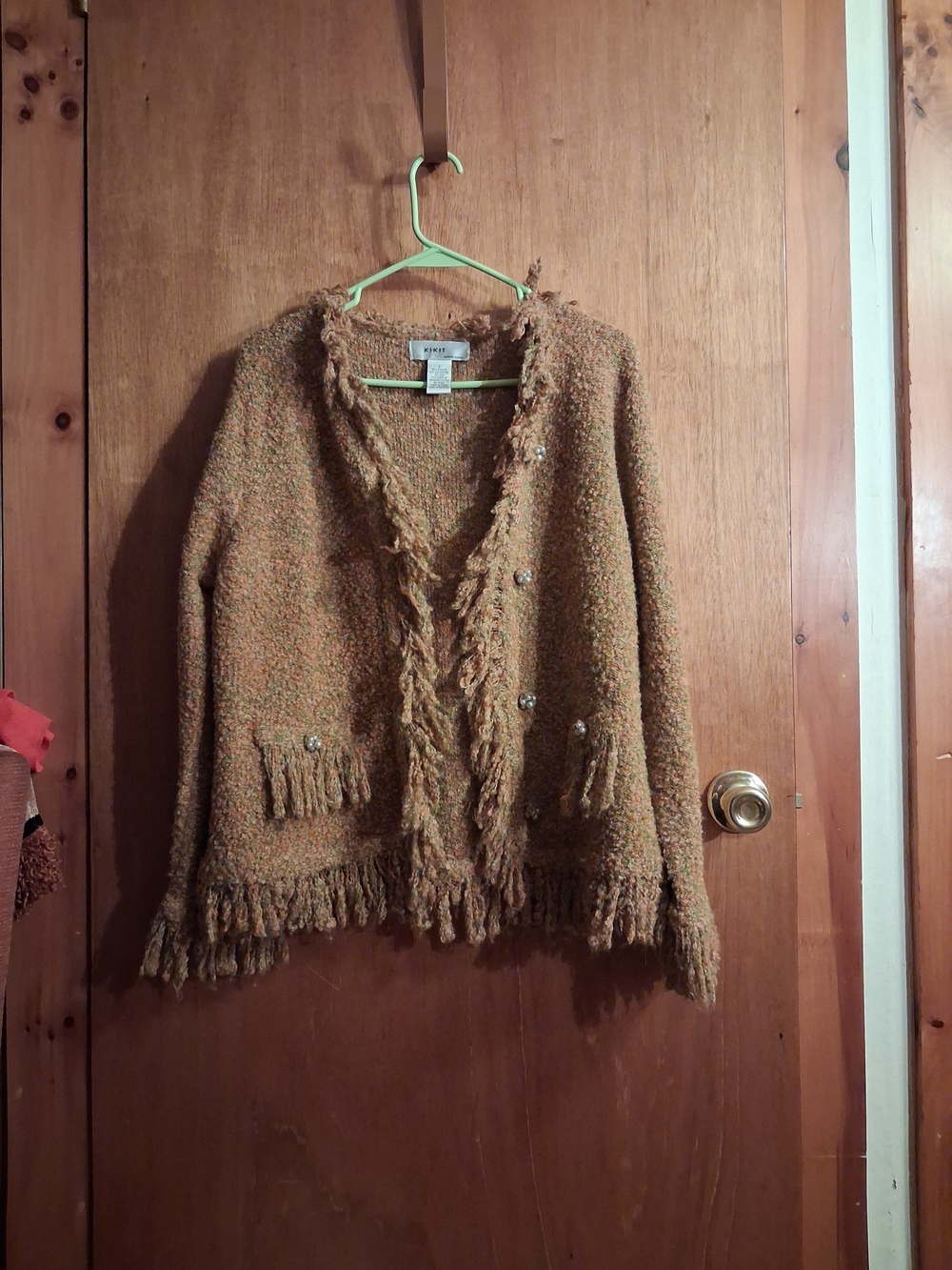 Fringed Bouclé Cardigan in Warm Tan Mixed With Orange And Green